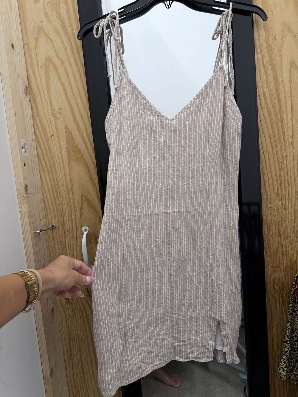 Abercrombie & Fitch Beige and White Striped Linen Blend Tie-Strap Mini Dress